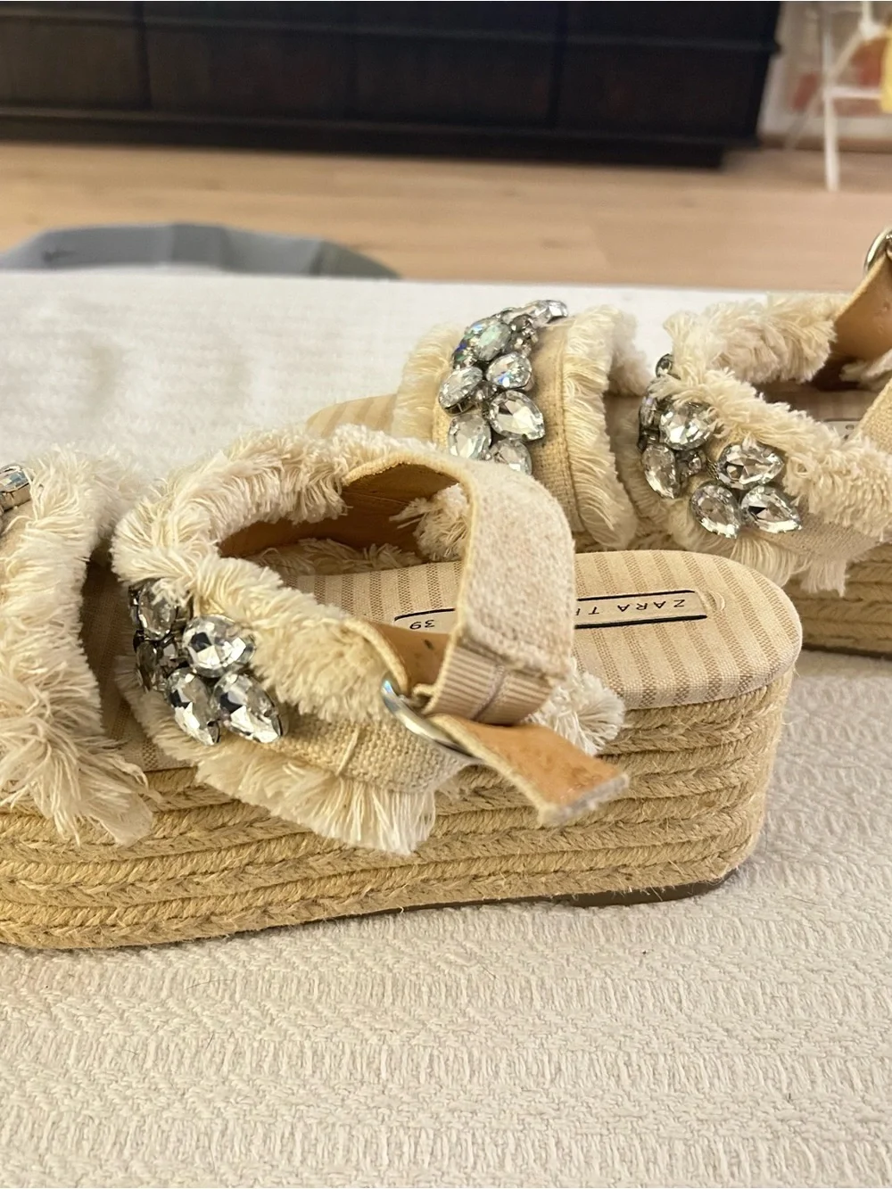 Zara Cream Jeweled Platform Espadrille Sandals